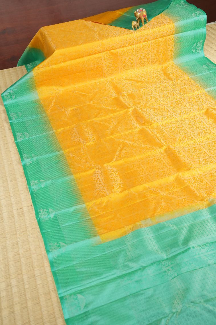 Lemon Yellow Soft Silk Saree with Gold Zari Floral Patterns view 2