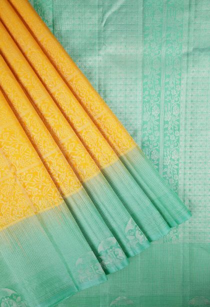 Lemon Yellow Soft Silk Saree with Gold Zari Floral Patterns