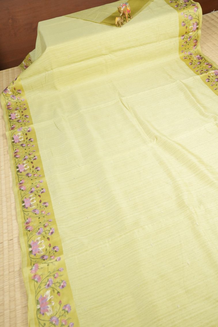 Lime Green Tussar Saree with Without Zari Zari Buttis (small Dots Or Motifs) view 2