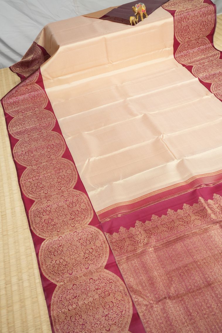 Cream White Kanchipuram Silk Sarees with Gold Zari Checks view 2