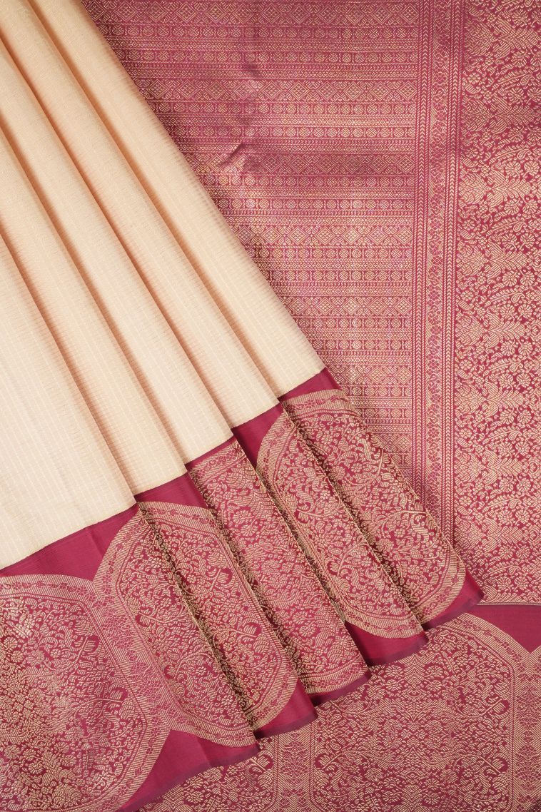 Cream White Kanchipuram Silk Sarees with Gold Zari Checks view 1