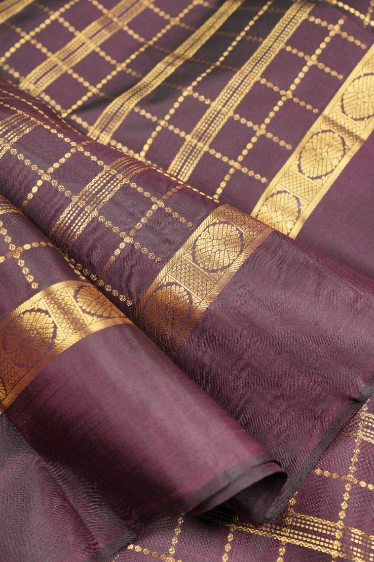 Garnet Red Kanchipuram Silk Sarees with Gold Zari Checks view 4