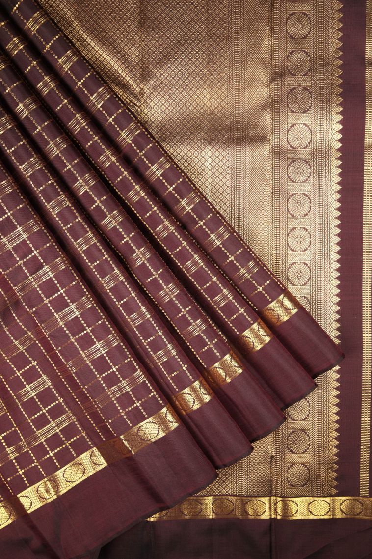 Garnet Red Kanchipuram Silk Sarees with Gold Zari Checks view 1