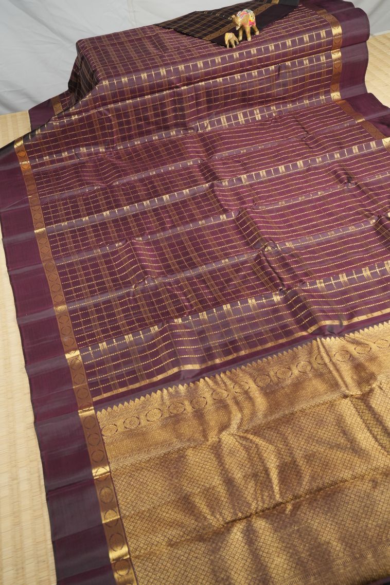 Garnet Red Kanchipuram Silk Sarees with Gold Zari Checks view 2