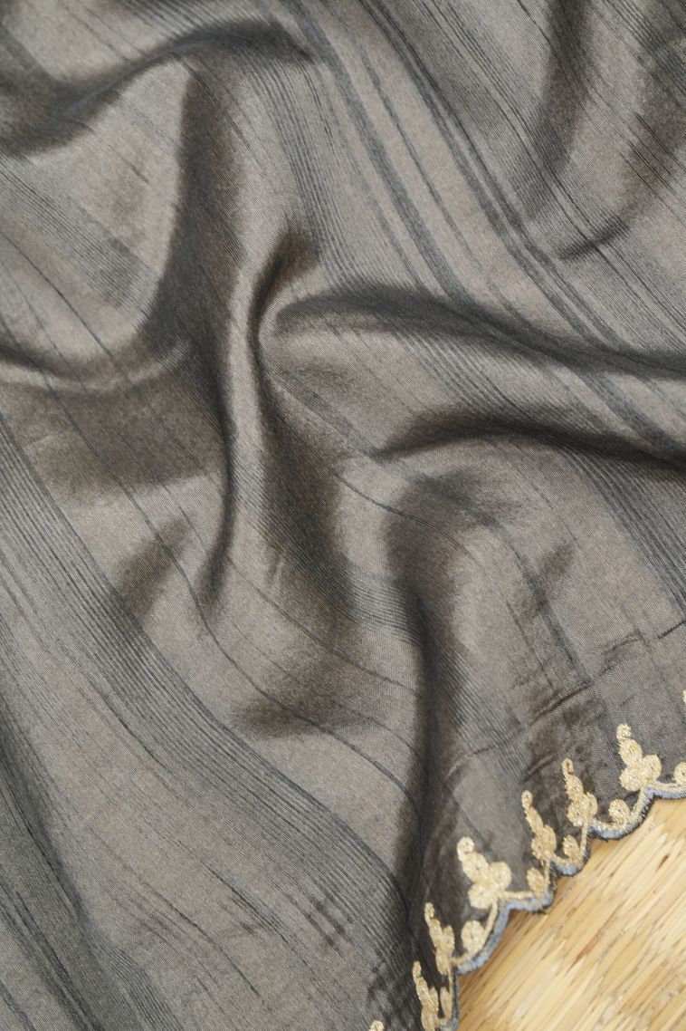 Charcoal Black Tussar Saree with Without Zari Zari Plain view 3