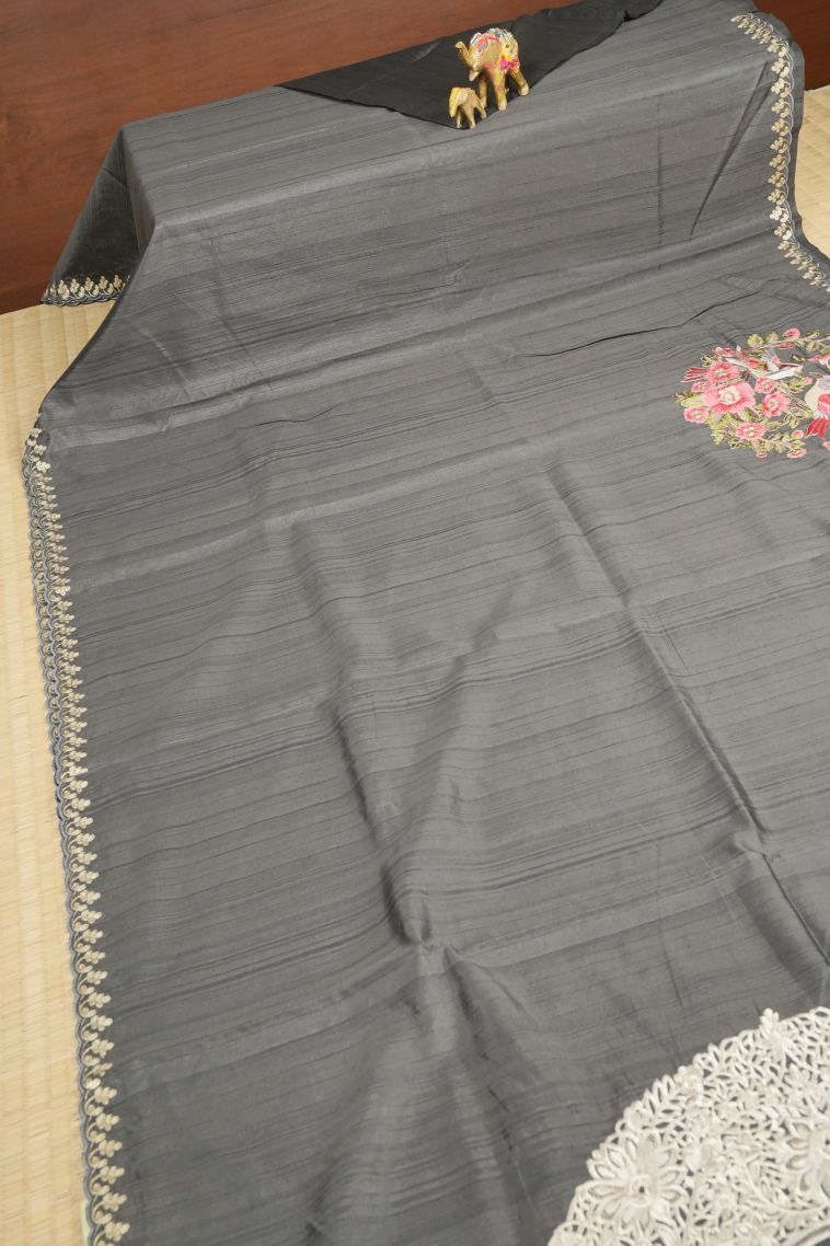 Charcoal Black Tussar Saree with Without Zari Zari Plain view 2