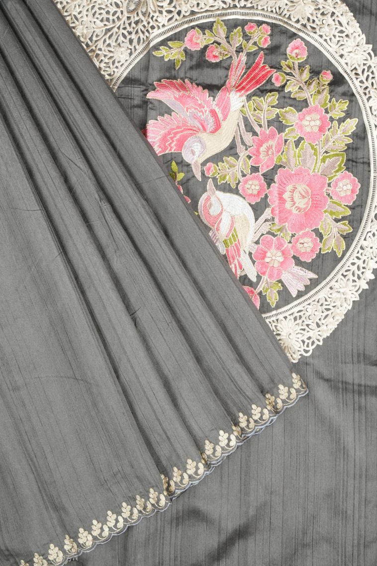 Charcoal Black Tussar Saree with Without Zari Zari Plain view 1
