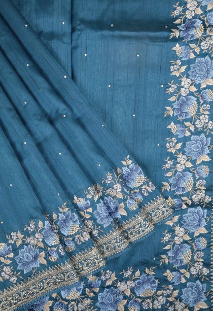 Lapis Blue Tussar Saree with Without Zari Zari Buttis (small Dots Or Motifs)