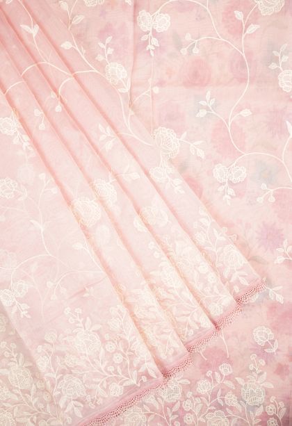 Crepe Pink Organza Saree with Without Zari Zari Floral Patterns