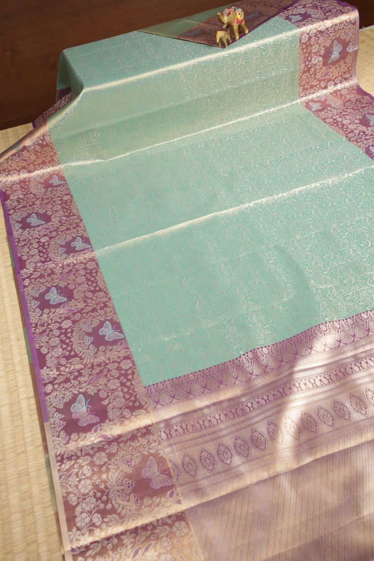 Arctic Blue Tissue Silk Sarees with Silver Zari Floral Patterns view 2