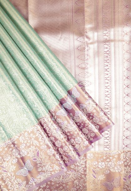 Arctic Blue Tissue Silk Sarees with Silver Zari Floral Patterns