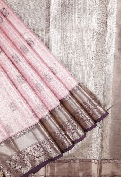 Blush Pink Tissue Silk Sarees with Silver Zari Floral Patterns