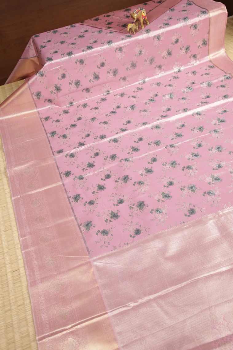 Blush Pink Tissue Silk Sarees with Silver Zari Floral Patterns view 2