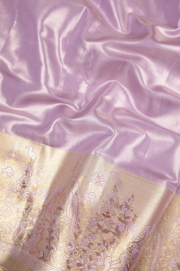 Lavender Purple Tissue Silk Sarees with Silver Zari Stripes view 3