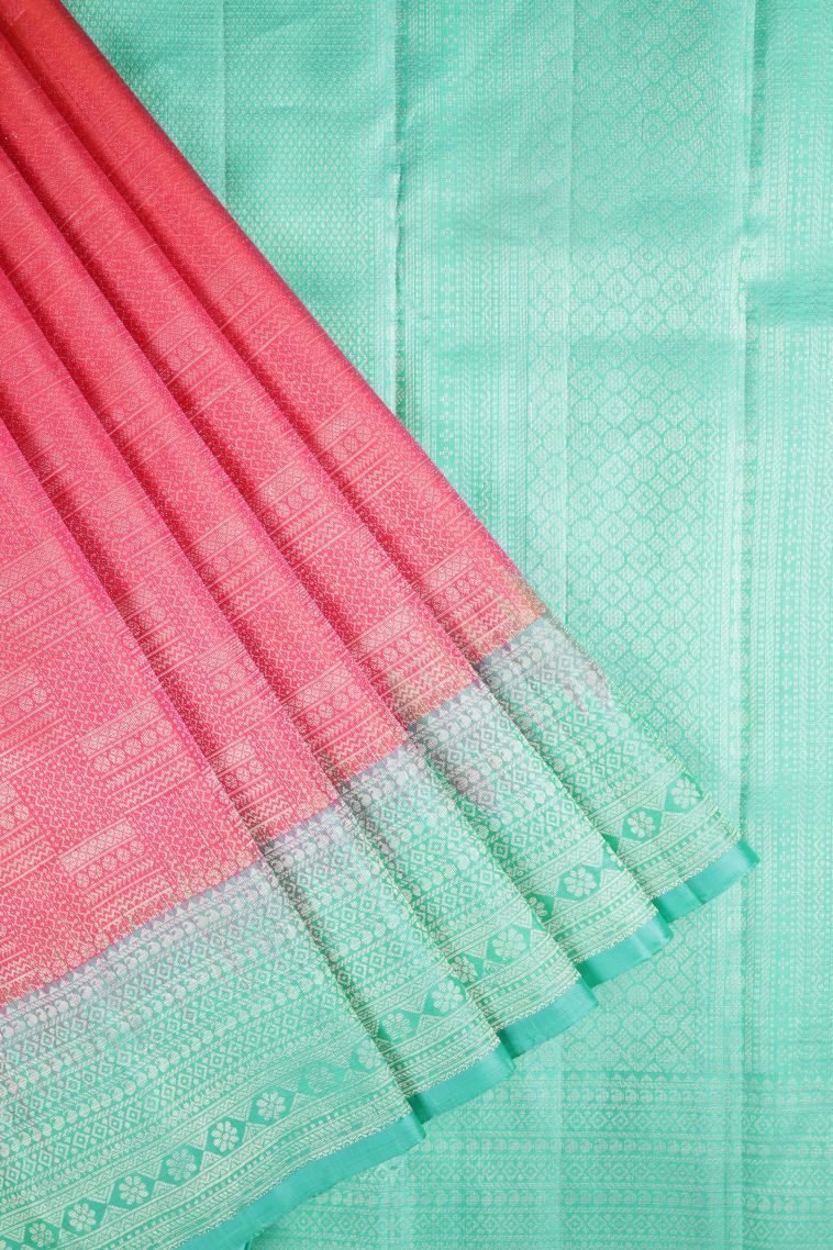 Strawberry Pink Soft Silk Saree with Silver Zari Floral Patterns view 1