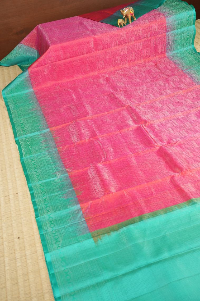 Strawberry Pink Soft Silk Saree with Silver Zari Floral Patterns view 2
