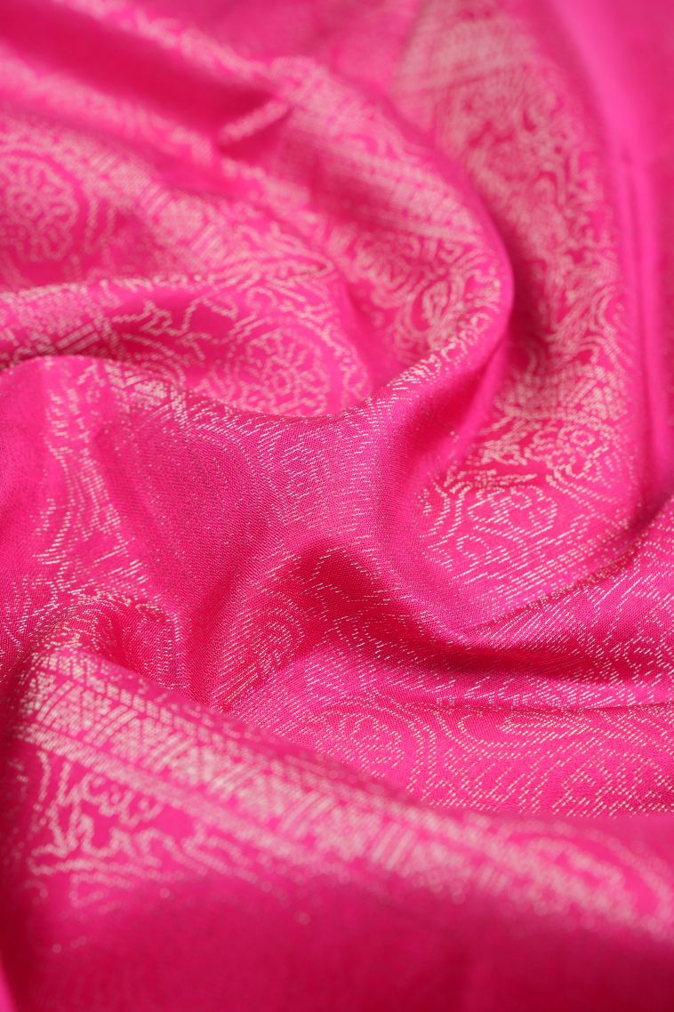 Hot Pink Soft Silk Saree with Silver Zari Floral Patterns view 4