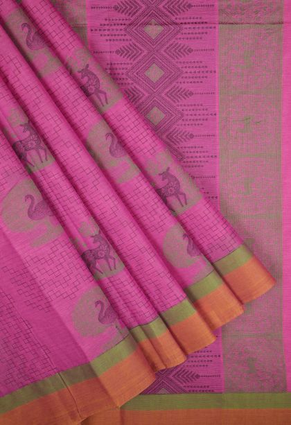 Bubblegum Pink Kovai Cotton Sarees with Without Zari Zari Buttis (small Dots Or Motifs)