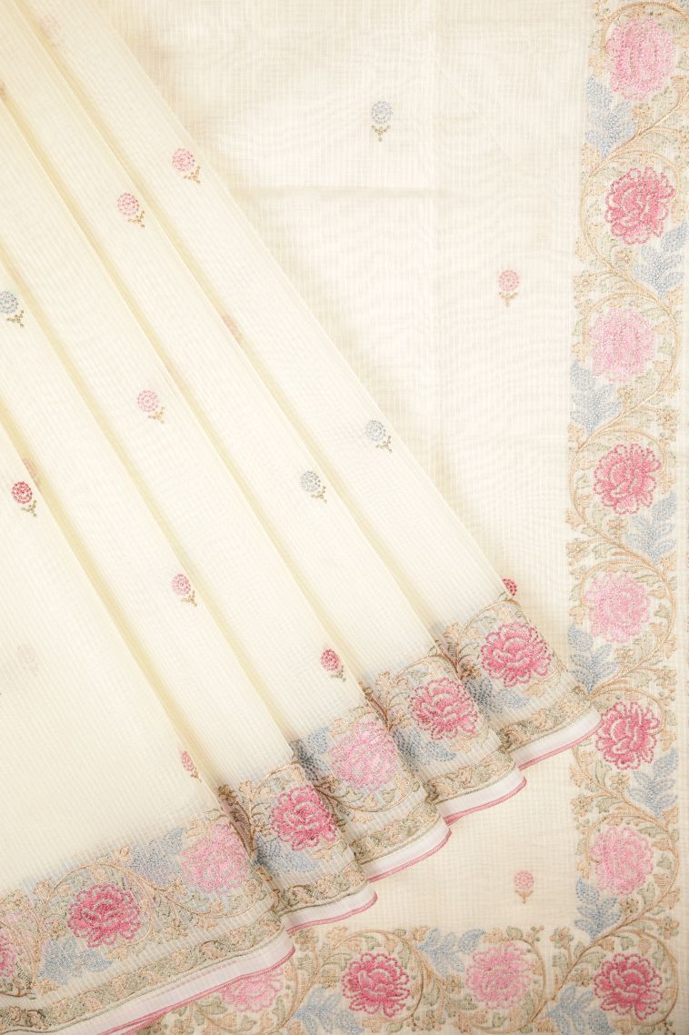 Cream White Tussar Saree with Without Zari Zari Buttis (small Dots Or Motifs) view 1