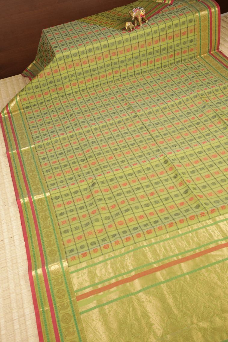 Lime Green Pure Handloom Kovai Cotton with Without Zari Zari Peacock Motifs view 2