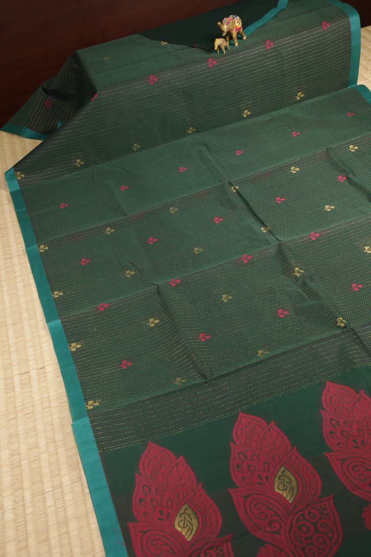 Basil Green Kovai Cotton Sarees with Without Zari Zari Stripes view 2