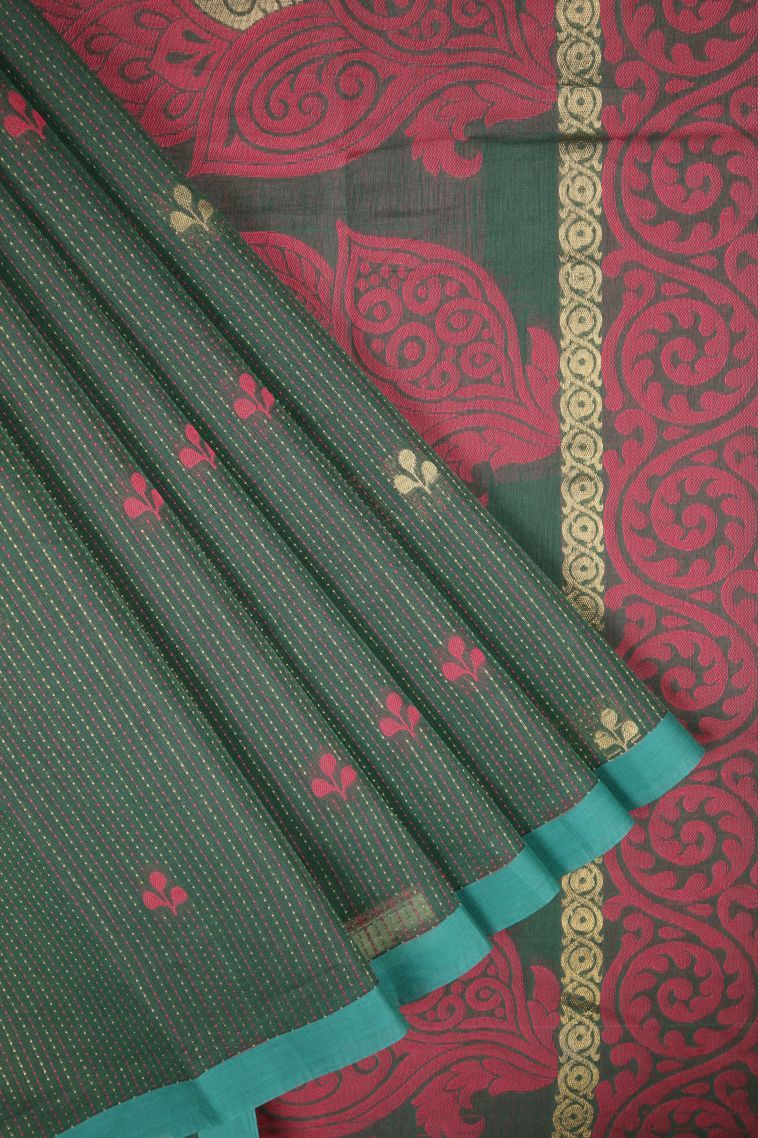 Basil Green Kovai Cotton Sarees with Without Zari Zari Stripes view 1