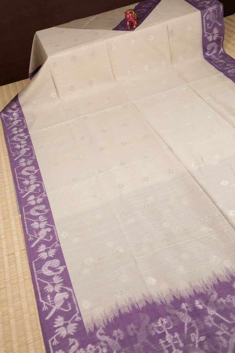 Cream White Tussar Saree with Silver Zari Buttis (small Dots Or Motifs) view 2