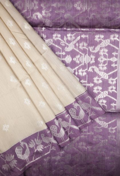 Cream White Tussar Saree with Silver Zari Buttis (small Dots Or Motifs)