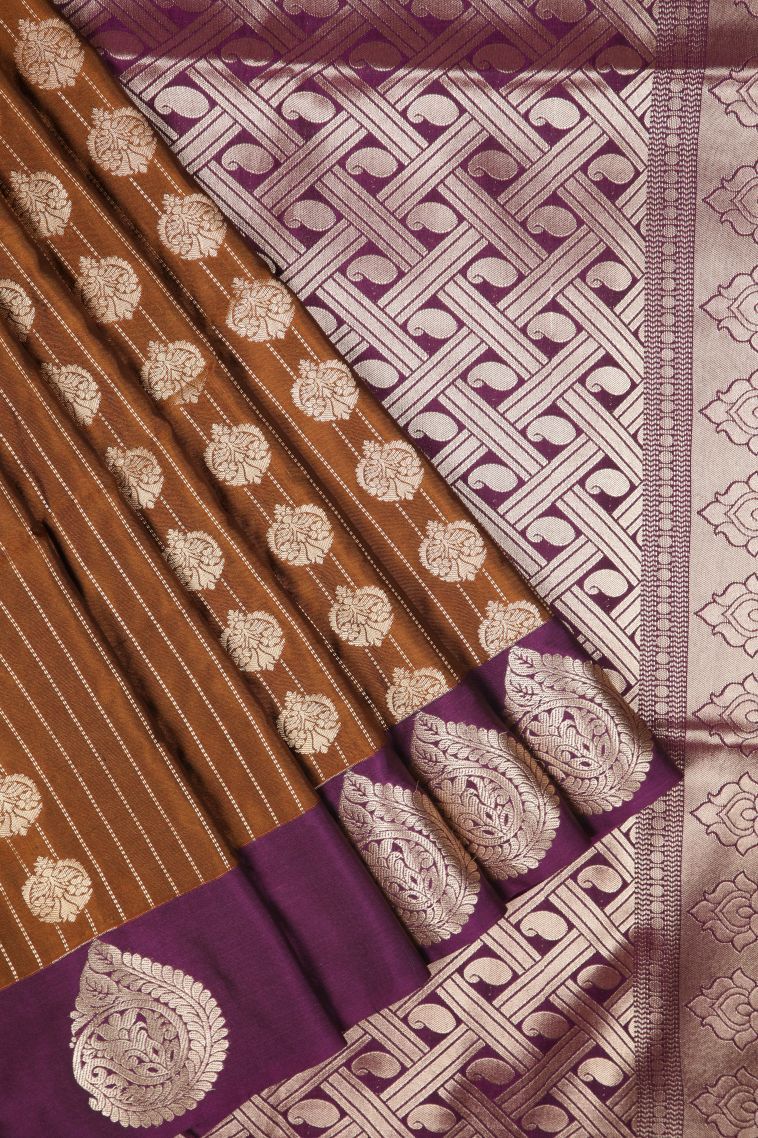 Tawny Brown Soft Silk Saree with Copper Zari Stripes view 1