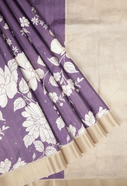 Mauve Purple Tussar Saree with Without Zari Zari Floral Patterns