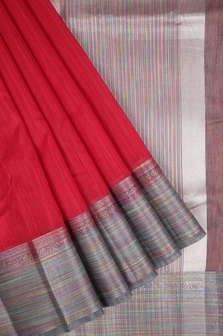 Rose  Red Tussar Saree with Without Zari Zari Plain view 1