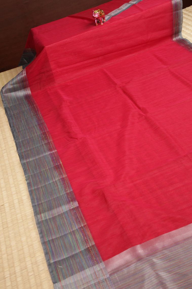 Rose  Red Tussar Saree with Without Zari Zari Plain view 2