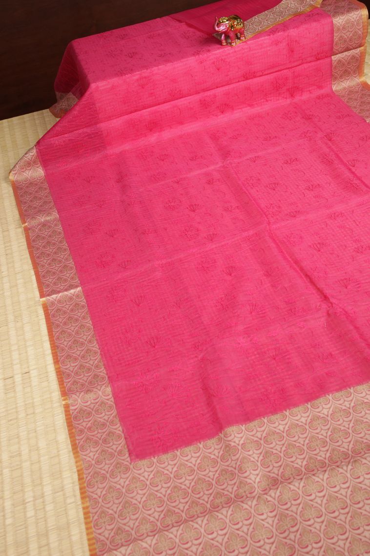 Hot Pink Tussar Saree with Without Zari Zari Floral Patterns view 2