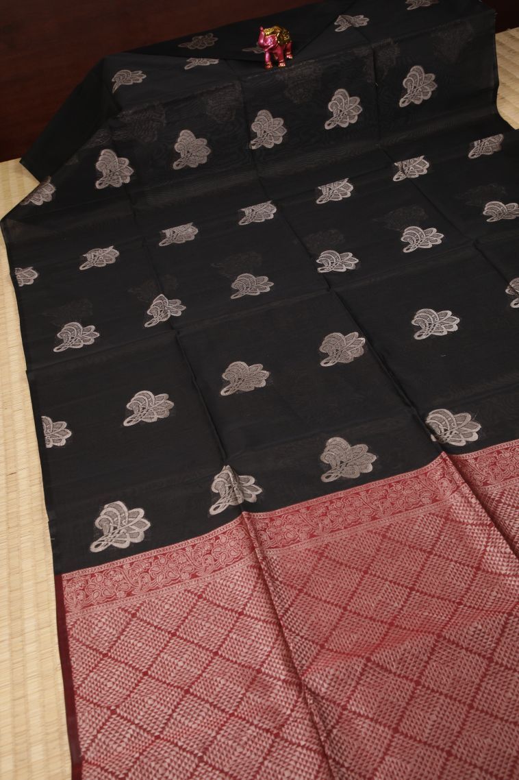 Asphalt Black Silk Cotton Sarees with Bronze Zari Buttis (small Dots Or Motifs) view 2