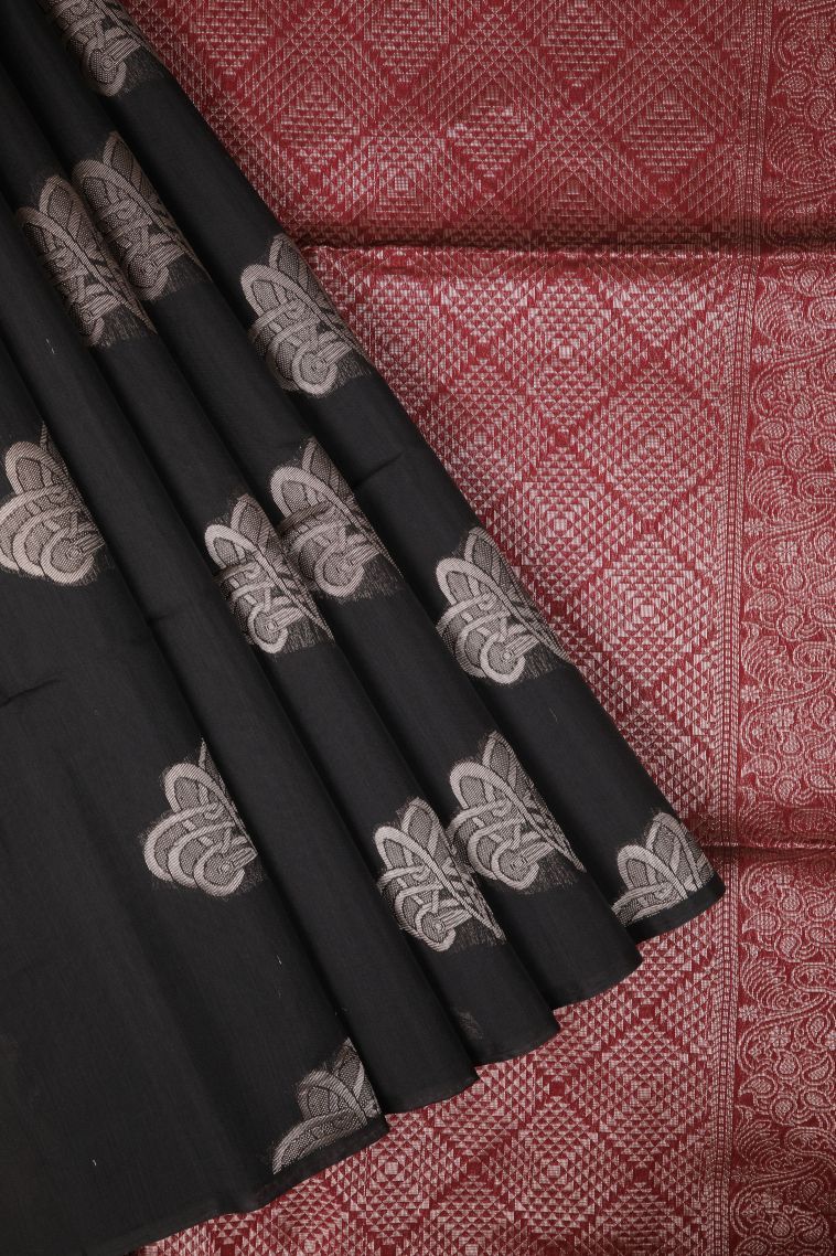 Asphalt Black Silk Cotton Sarees with Bronze Zari Buttis (small Dots Or Motifs) view 1