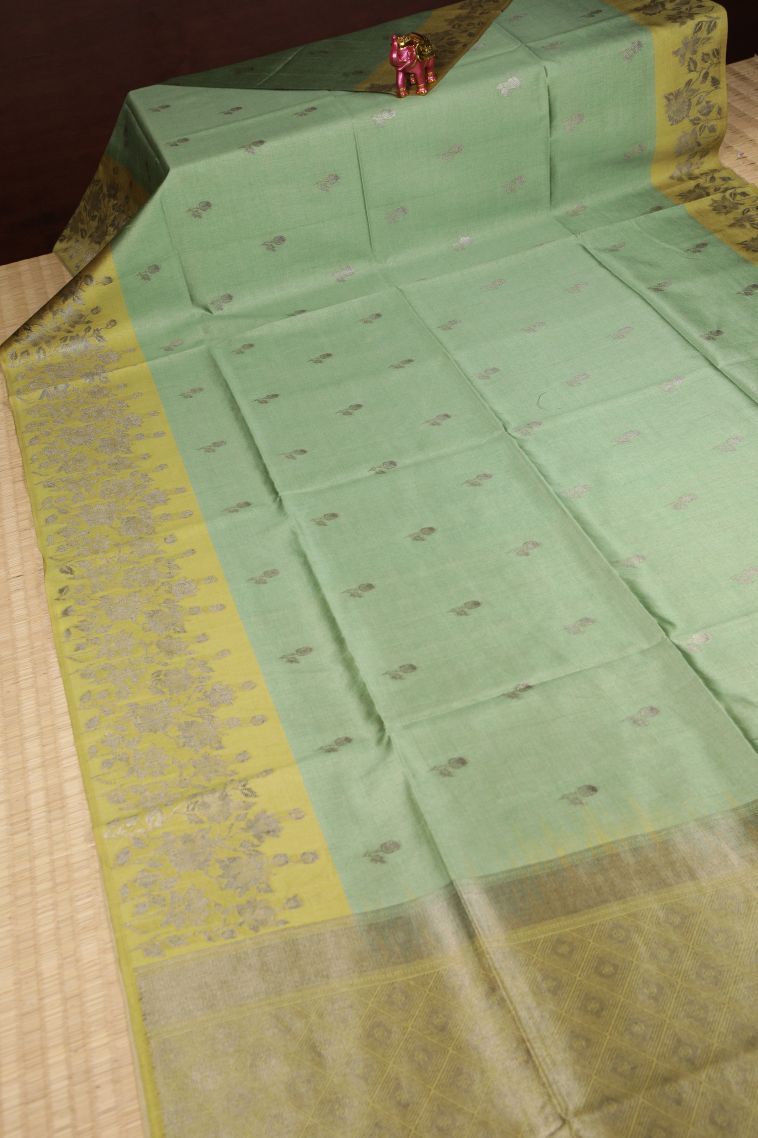 Mint Green Tussar Saree with Bronze Zari Buttis (small Dots Or Motifs) view 2