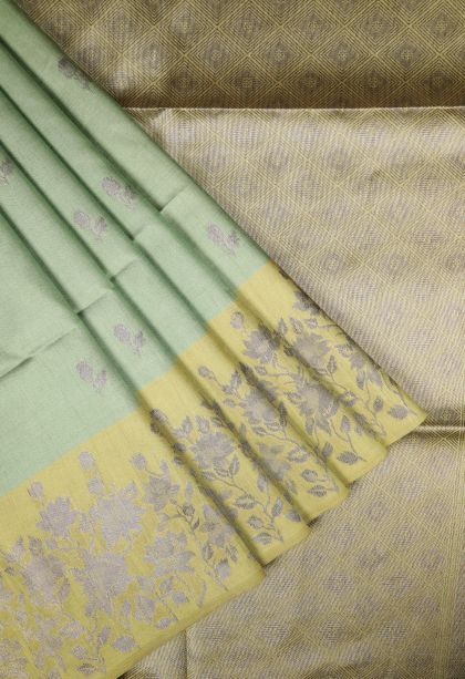 Mint Green Tussar Saree with Bronze Zari Buttis (small Dots Or Motifs)