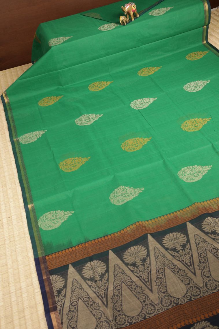 Mint Green Pure Handloom Kovai Cotton with Without Zari Zari Buttis (small Dots Or Motifs) view 2