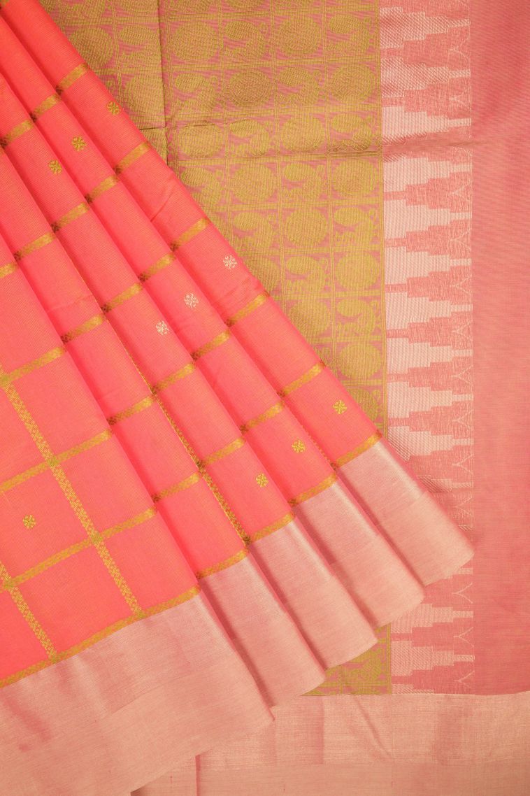 Coral Pink Pure Handloom Kovai Cotton with Without Zari Zari Checks view 1
