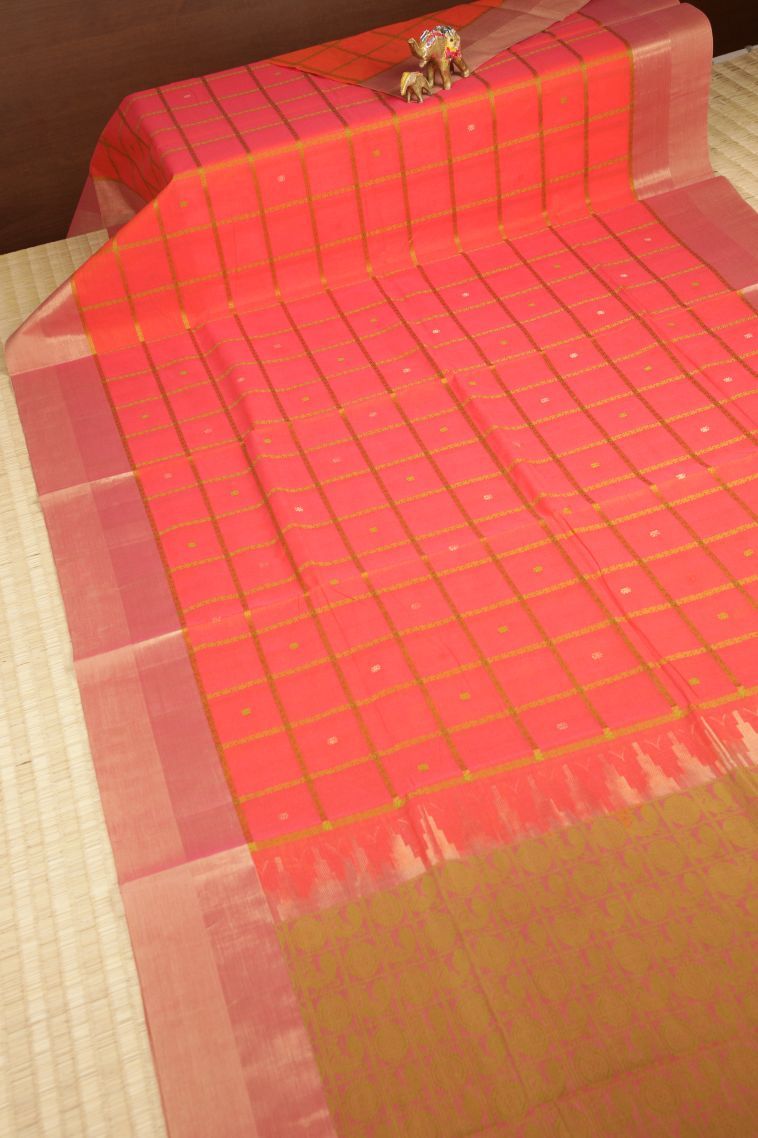 Coral Pink Pure Handloom Kovai Cotton with Without Zari Zari Checks view 2