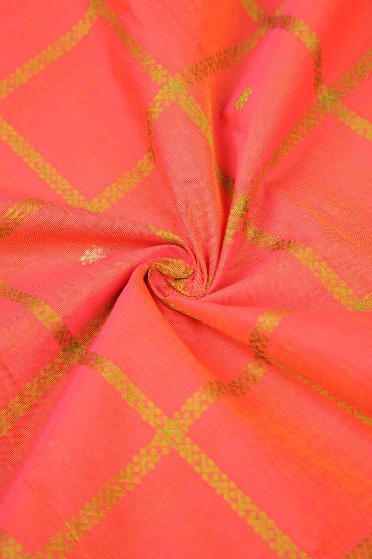 Coral Pink Pure Handloom Kovai Cotton with Without Zari Zari Checks view 4
