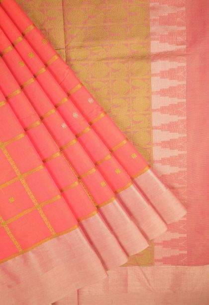Coral Pink Pure Handloom Kovai Cotton with Without Zari Zari Checks