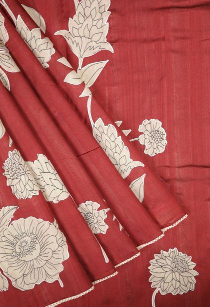 Apple Red Tussar Saree with Without Zari Zari Floral Patterns