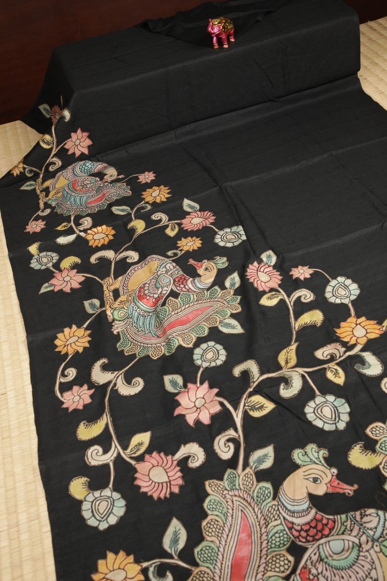 Asphalt Black Tussar Saree with Without Zari Zari Floral Patterns view 2