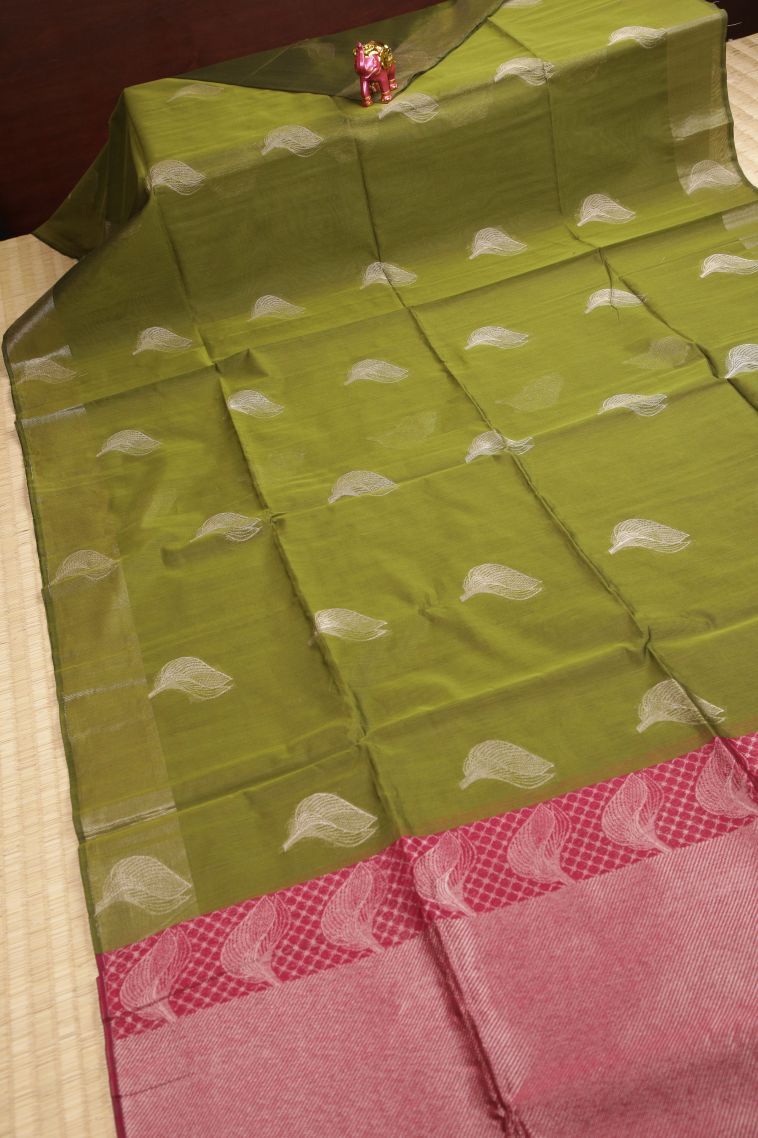 Pickle Green Silk Cotton Sarees with Bronze Zari Buttis (small Dots Or Motifs) view 2
