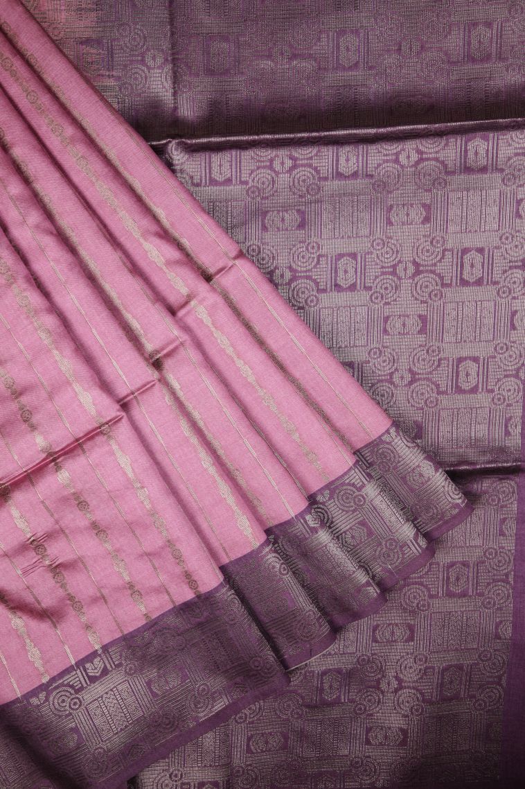 Ballet Pink Tussar Saree with Bronze Zari Stripes view 1
