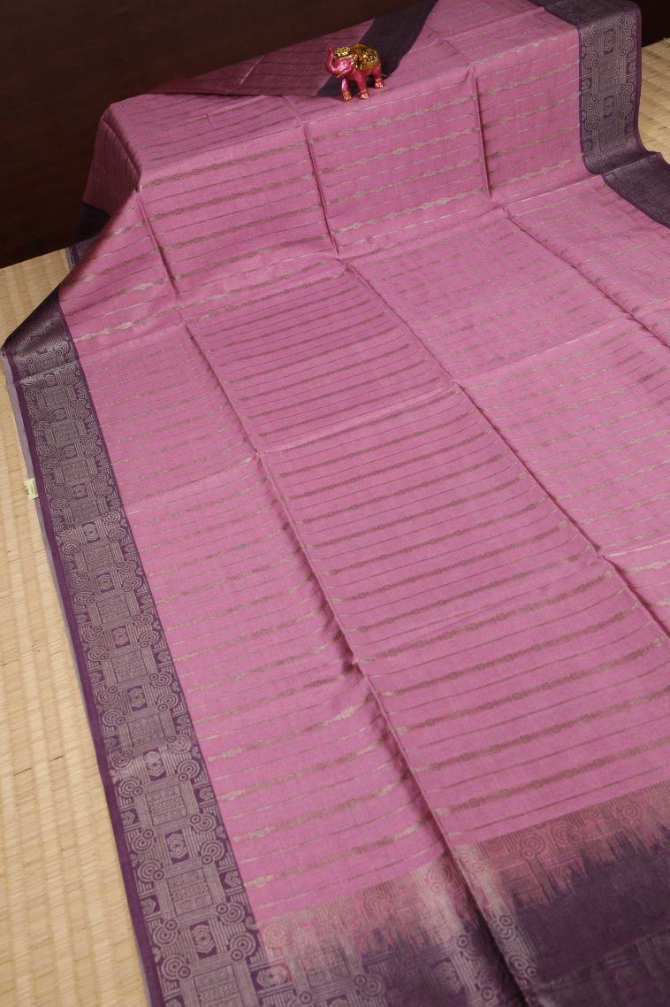 Ballet Pink Tussar Saree with Bronze Zari Stripes view 2