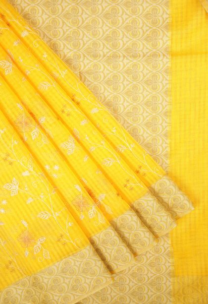 Lemon Yellow Tussar Saree with Without Zari Zari Floral Patterns