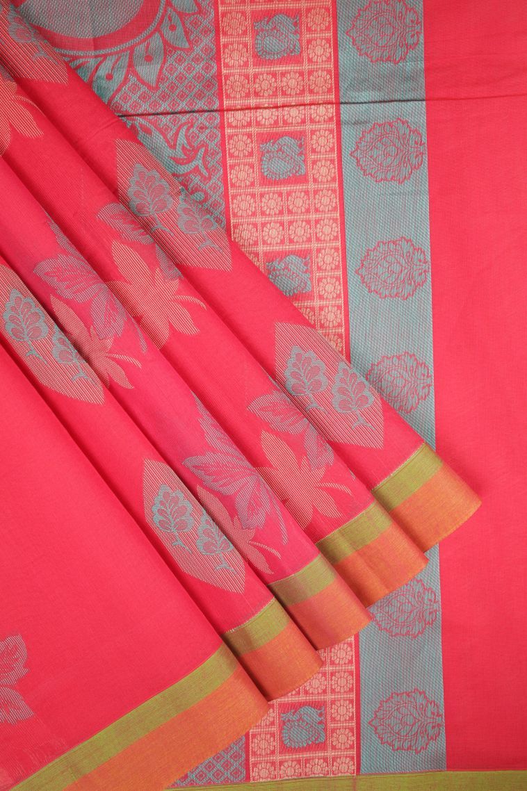 Rose  Red Kovai Cotton Sarees with Without Zari Zari Buttis (small Dots Or Motifs) view 1