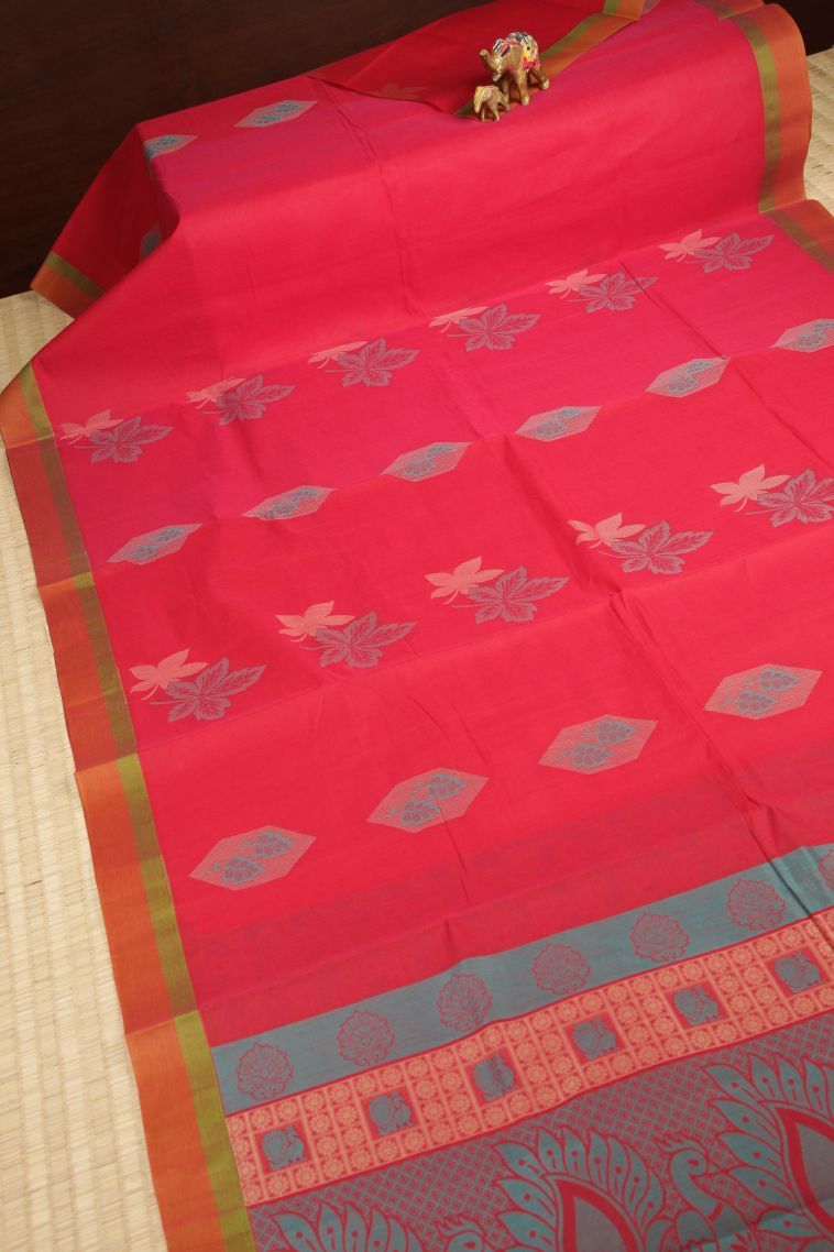 Rose  Red Kovai Cotton Sarees with Without Zari Zari Buttis (small Dots Or Motifs) view 2